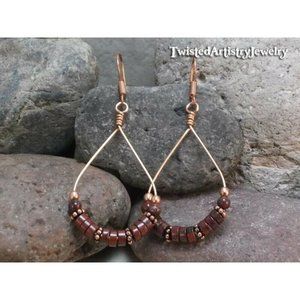 Red Jasper Beaded Copper Teardrop Hoop Earrings One-Of-A-Kind Handmade